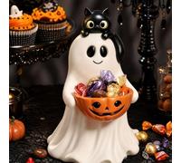 Halloween Candy Bowl Ghost Decoration with Black Cat, Resin Pumpkin Bowl Sweet Holder Cute Spooky Halloween Ornament for Table Mantel Porch Party & Trick or Treat Décor