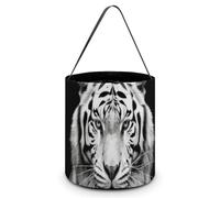 Halloween Candy Bucket Black And White Tiger Tote Bag with Handle - Trick Or Treat Goodie Basket for Party