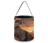 Halloween Candy Bucket Depict A Cheetah Looking Out Over Savanna with Sunset Trick Or Treat Bags Halloween Candy Tote Bag with Handles Reusable Candy Baskets for Halloweens Party Supplies Favors Gift