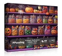 Halloween Candy Shelf Puzzles for Adults 1000 Pieces, Challenging Colorful Candy Jars Jigsaw Puzzle with Pumpkins, Spider Webs, Witch Hats, Fun Spooky Holiday Jigsaw Puzzle as Halloween Wall Decor