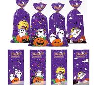 Halloween Candy Treat Bags,50pcs Halloween Cellophane Bags with Twists in Purple Candy Bags for Kids Trick or Treat,Party Gift Supplies Bags for Sweets and Treats Snacks Cookies Popcorn