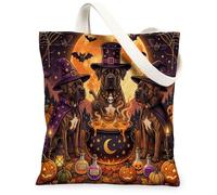 Halloween Cane Corso Dog Canvas Tote Bag for Shopping 13x15, Vintage Puppy Witch Cauldron Reusable Grocery Print Pattern Bag for Women, Scary Beach Aesthetic Painting Gift Decor
