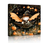 Halloween Canvas Prints Spooky Witch and Bat Wall Art Magical Woodland Pumpkin Scene Home Decor Pictures for Living Room Nursery Playroom 60x60cm Innerframe