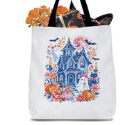 Halloween Canvas Tote Bag Blue Haunted House Ghost Black Cat Pink Full Moon Floral Pumpkin Fall Autumn Cute Ghost Canvas Tote Bag Gifts for Women Spooky Book Lover Reusable Shopping Shoulder Handbag