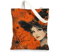 Halloween Canvas Tote Bag, Spider Web Design Reusable Grocery Bag, Vintage Witch Art Lightweight Washable Shoulder Strap Tote for Outdoor Travel Picnic 13x15 Inch