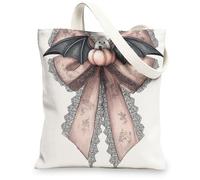 Halloween Canvas Tote Bags, Bat and Pumpkin Design Reusable Grocery Bags, Vintage Style Lightweight Washable Shoulder Strap, White, 13x15 Inch