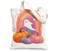 Halloween Canvas Tote Bags, Colorful Pumpkin Pattern Reusable Grocery Bags, Fun Lightweight Washable Shoulder Strap Canvas, White, 13x15 Inch
