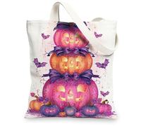 Halloween Canvas Tote Bags, Colorful Pumpkin Pattern Reusable Grocery Bags, Fun Lightweight Washable Shoulder Strap Canvas, Colorful, 13x15 Inch
