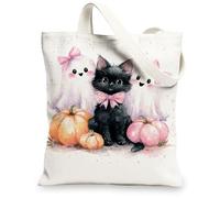 Halloween Canvas Tote Bags, Cute Cat and Ghosts Print Reusable Grocery Bags, Lightweight Washable Shoulder Strap Canvas Bag, Black, 13x15 Inch