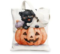 Halloween Canvas Tote Bags, Cute Cat and Pumpkin Design Reusable Grocery Bags, Lightweight Washable Shoulder Strap Canvas B, White, 13x15 Inch