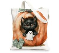 Halloween Canvas Tote Bags, Cute Cat Pumpkin Design Reusable Grocery Bags, Lightweight Washable Shoulder Strap Canvas Bags, White, 13x15 Inch