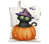 Halloween Canvas Tote Bags, Cute Cat Pumpkin Design Reusable Grocery Bags, Lightweight Washable Shoulder Strap Canvas Bags, Orange, 13x15 Inch