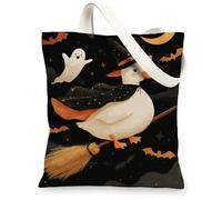 Halloween Canvas Tote Bags, Cute Duck and Ghost Pattern Reusable Shopping Bags, Fanciful Spooky Art Lightweight Washable Canvas for Outdoor Travel Shopping 13x15 Inch