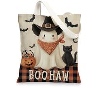 Halloween Canvas Tote Bags, Cute Ghost and Cat Pattern Reusable Shopping Bags, Rustic Autumn Design Lightweight Washable Carry-All Bags for Trick or Treating 13x15 Inch