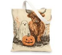 Halloween Canvas Tote Bags, Cute Ghost and Pumpkin Design Reusable Shopping Bags, Rustic Farmhouse Lightweight Washable Sho, Beige, 13x15 Inch