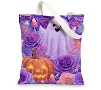 Halloween Canvas Tote Bags, Cute Ghost and Pumpkin Pattern, Fun Lightweight Washable Shoulder Strap Bags for Travel Beach P, Violet, 13x15 Inch