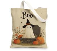 Halloween Canvas Tote Bags, Cute Ghost Pumpkin Design Reusable Bags, Fanciful Vintage Lightweight Washable Shoulder Strap Canvas Bags for Travel Party 13x15 Inch