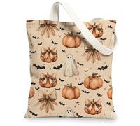 Halloween Canvas Tote Bags, Cute Ghost Pumpkin Design Reusable Shopping Bags, Fanciful Festive Lightweight Washable Shoulde, Beige, 13x15 Inch