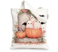 Halloween Canvas Tote Bags, Cute Ghost Pumpkin Pattern Reusable Shopping Bags, Lightweight Washable Shoulder Strap Canvas B, White, 13x15 Inch