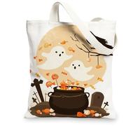 Halloween Canvas Tote Bags, Cute Ghosts and Candy Pattern Reusable Shopping Bags, Fun Spooky Design Lightweight Washable Canvas Bags for Trick-or-Treating Outdoor Events 13x15 Inch