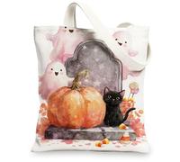 Halloween Canvas Tote Bags, Cute Pumpkin and Cat Design Reusable Grocery Bags, Fun Lightweight Washable Shoulder Strap Canv, White, 13x15 Inch