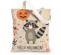 Halloween Canvas Tote Bags, Cute Raccoon Pattern Reusable Shopping Bags, Fun Festive Lightweight Washable Shoulder Strap Canvas for Trick or Treating Party 13x15 Inch