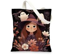 Halloween Canvas Tote Bags, Cute Witch Floral Pattern Reusable Shopping Bags, Vintage Dark Art Lightweight Washable Shoulder Strap Canvas Bags for Gym Outdoor Travel 13x15 Inch