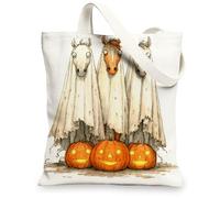 Halloween Canvas Tote Bags, Fun Ghost Horse Pattern Reusable Grocery Bags, Fanciful Vintage Lightweight Washable Shoulder B, White, 13x15 Inch