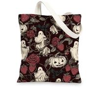 Halloween Canvas Tote Bags, Ghost and Pumpkin Pattern Reusable Grocery Bags, Vintage Floral Lightweight Washable Shoulder Strap for Travel 13x15 Inch