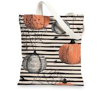 Halloween Canvas Tote Bags, Pumpkin and Spider Pattern Reusable Grocery Bags, Vintage Striped Lightweight Washable Shoulder, Orange, 13x15 Inch