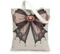Halloween Canvas Tote Bags, Pumpkin Pattern Reusable Grocery Bags, Vintage Lightweight Washable Shoulder Strap Canvas Bags, Beige, 13x15 Inch