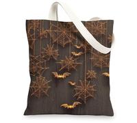 Halloween Canvas Tote Bags, Spider Web & Bat Design Reusable Shopping Bags, Rustic Lightweight Washable Shoulder Strap Canv, Black, 13x15 Inch