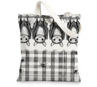 Halloween Canvas Tote Bags, Spooky Bat and Spider Pattern Lightweight Washable Grocery Bags for Shopping Travel Beach 13x15 Inch
