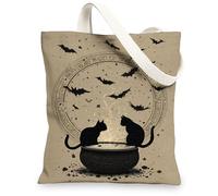 Halloween Canvas Tote Bags, Spooky Cat and Bat Design Reusable Shopping Bags, Vintage Witchcraft Lightweight Washable Shoulder Bags for Travel Beach Grocery 13x15 Inch