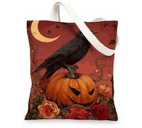 Halloween Canvas Tote Bags, Spooky Crow Pumpkin Design Reusable Shopping Bags, Vintage Floral Lightweight Washable Shoulder Strap Canvas Bags for Travel Outdoor Picnic 13x15 Inch