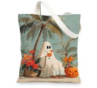 Halloween Canvas Tote Bags, Spooky Ghost Design Reusable Shopping Bags, Tropical Vintage Lightweight Washable Canvas Bags f, Multicolor, 13x15 Inch