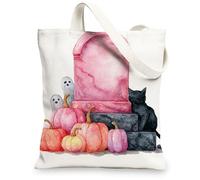 Halloween Canvas Tote Bags, Spooky Pumpkin Design Reusable Grocery Bags, Lightweight Washable Shoulder Strap Canvas Bags fo, White, 13x15 Inch