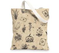Halloween Canvas Tote Bags, Vintage Ghost & Pumpkin Pattern Reusable Bags, Lightweight Washable Shoulder Strap for Gym Travel Picnic 13x15 Inch