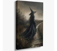 Halloween Canvas Wall Art,Vintage Country Witch Prints Enchanting Gothic Witch Silhouette Poster Dark Gloomy Wall Decor Pictures for Living Room Bedroom Bathroom Framed 12"x16"