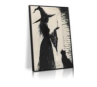 Halloween Canvas Wall Art Witch and Black Cat Posters Gothic Candles Haunted Witch Images Retro Ink Style Prints Suitable for Dark Academy Halloween Party Home Decoration（L18 xW12-framed）