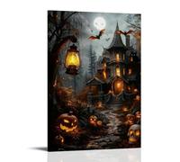 Halloween Canvas Wall Decor, Horror Pumpkin Castle Moon Bat Poster Dark Academic Aesthetic Retro Poster Print Ghost Bathroom Wall Art Suitable for Home Bedroom Decor Wall Art Canvas Prints Hanging Pic