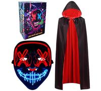 Halloween Cape, LED Mask 150CM Vampire Cloak Scary Cosplay Costume Halloween Decorations Reversible Cape with Hood Party Fancy Dress Outfit Light up Scary Mask for Adults Cosplay Carnival (Red)