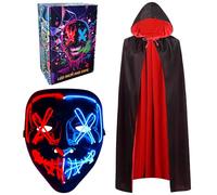 Halloween Cape, LED Mask 150CM Vampire Cloak Scary Cosplay Costume Halloween Decorations Reversible Cape with Hood Party Fancy Dress Outfit Light up Scary Mask for Adults Carnival (Red and Blue)