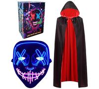 Halloween Cape, LED Mask 150CM Vampire Cloak Scary Cosplay Costume Halloween Decorations Reversible Cape with Hood Party Fancy Dress Outfit Light up Scary Mask for Adults Cosplay Carnival (Blue)