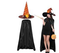 Halloween Cape Set | Witch Cloak Capes Set,Halloween Costumes Black Cape Set With Light-up Witch Hat For Adults For Costume Role Play, Halloween Photo, Masquerade Stage