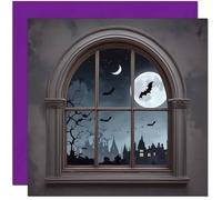Halloween Card - Bats Moon Night Sky Window Gothic 145 x 145mm