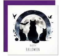 Halloween Card - Black Cat Bats Moon Happy Halloween Card 145 x 145mm