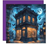 Halloween Card - Haunted Bookstore Spooky book shop 145 x 145mm