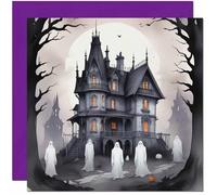 Halloween Card - Haunted House Moon Ghosts Happy Halloween Cards 145 x 145mm