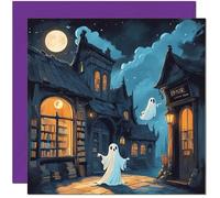Halloween Card - Haunted Library Bookstore Spooky House Ghosts 145 x 145mm